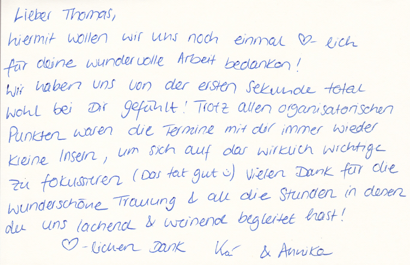 Dankeskarte eines Brautpaares in Baden, das sich von Redner Thomas Knöller bestens begleitet gefühlt hat - in guten wie in traurigen Momenten.